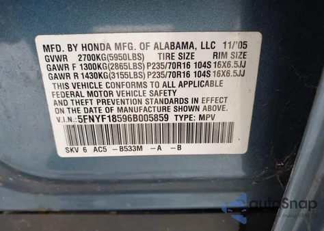 2006 Honda Pilot Ex-L z USA, uszkodzony, nr VIN 5FNYF18596B005859